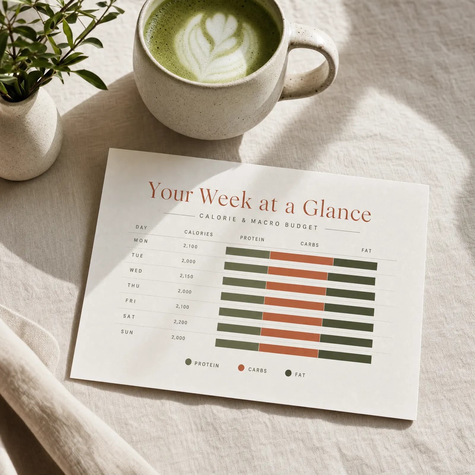 A printed Your Week at a Glance card showing the calorie and macro budget for each day, beside a matcha latte